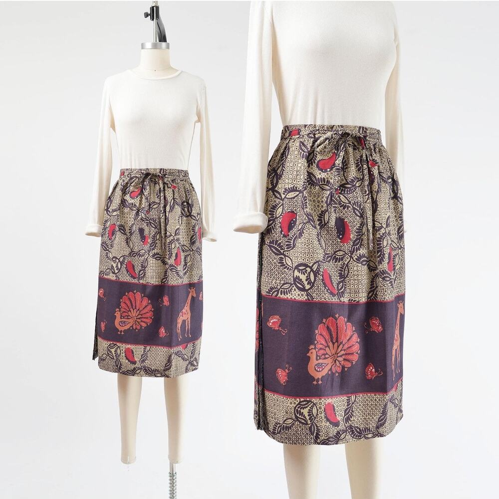 Vintage 70s Boho Wrap Skirt Giraffe Peacock Print Cotton Midi Adjustable Waist